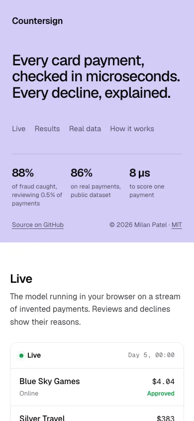 The Countersign demo: the headline Every card payment, checked in microseconds. Every decline, explained. beside a live feed of approved payments. All payments are synthetic.