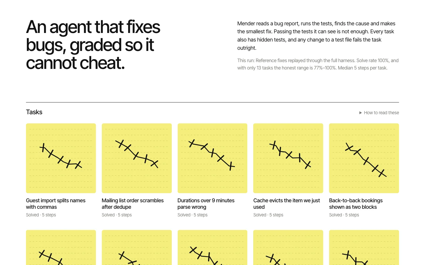 Mender: an agent that fixes bugs, graded so it cannot cheat, above a grid of the benchmark’s tasks.